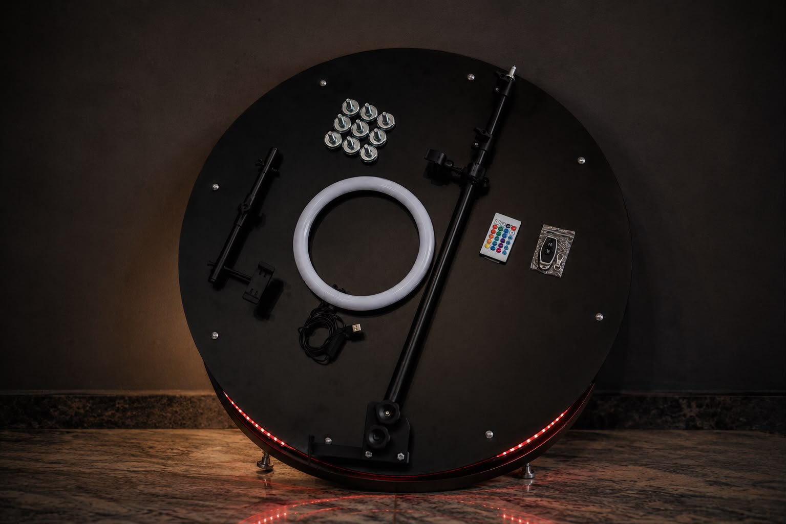 Base da Plataforma 360° com todos os acessórios: ring light, haste, suporte de celular, controle, power bank, cabo USB e pés niveladores