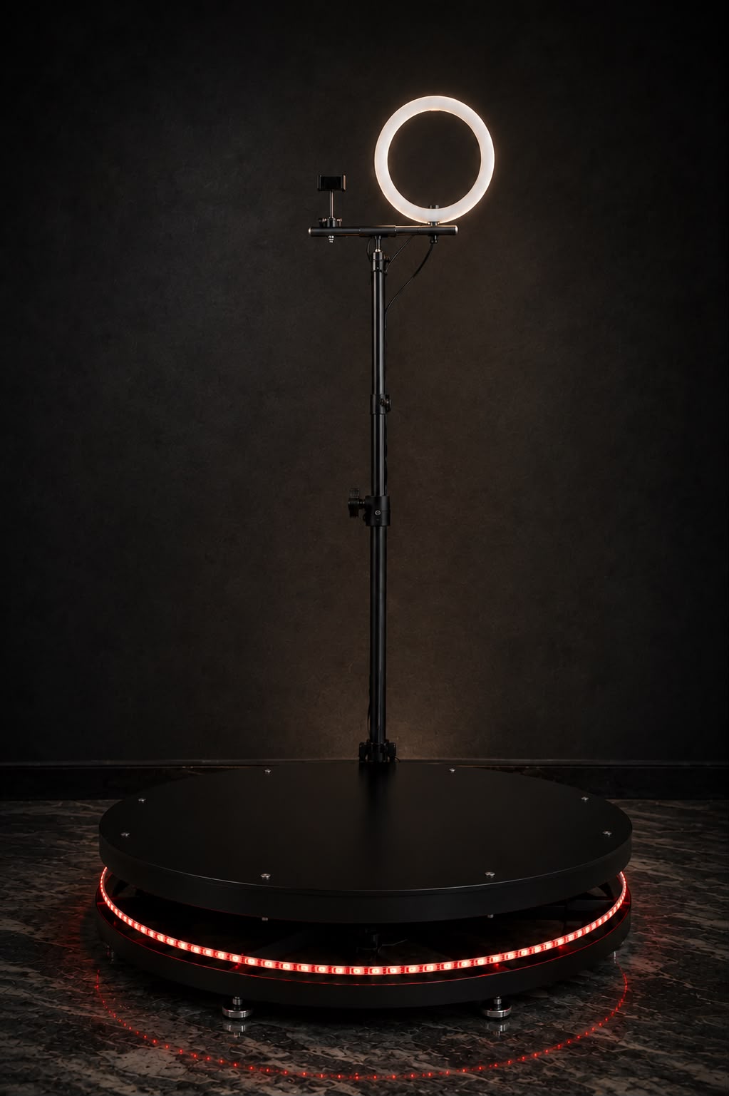 Plataforma 360° Moove Box completa e montada, com ring light e LED vermelho aceso